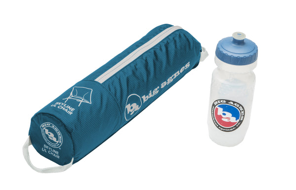 Blue camping chair sleeve and clear water bottle with logo on a white background