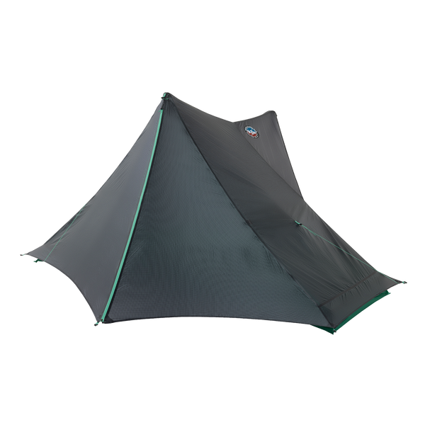 The Big Agnes String Ridge VST 1.5 is a dark gray, single-pole, pyramid-shaped ultralight tent with green-trimmed seams that stands out against a plain white background.