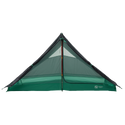 The Big Agnes String Ridge VST 1.5 is a green and black ultralight tent with a mesh upper, shown on a white background. It features a central trekking pole, symmetrical design, and a partially unzipped door revealing the interior.