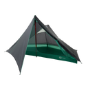 The Big Agnes String Ridge VST 1.5, a green and black ultralight backpacking tent, features a mesh upper, rainfly, and open-front triangular design supported by trekking poles. It's displayed on a white background.