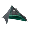 The Big Agnes String Ridge VST 1.5, a green and black ultralight backpacking tent, features a mesh upper, rainfly, and open-front triangular design supported by trekking poles. It's displayed on a white background.