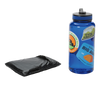 The Big Agnes String Ridge VST 1.5 Footprint, a black folded ground cloth, is placed beside a blue reusable water bottle with stickers on a white background.