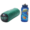 Green sleeping bag and blue water bottle with Big Agnes branding on a white background