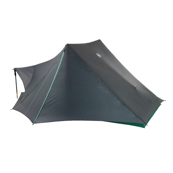 Dark gray tent with green accents on a white background