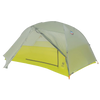 Green and yellow tent with a brand logo on a white background