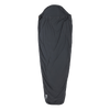 The Big Agnes UL Recovery Sleeping Bag Liner, shown in black against a white background, is ultralight and shaped to fit a mummy sleeping bag with a narrower bottom and hooded top for comfort.