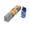Yoga mat and water bottle with visible branding on a white background