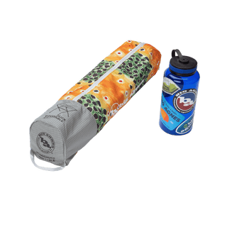 Yoga mat and water bottle with visible branding on a white background