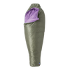 Green sleeping bag with purple interior on a white background
