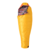 Yellow sleeping bag with colorful interior on a white background