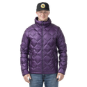 Person wearing a purple quilted jacket and black cap on a white background