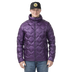 Person wearing a purple quilted jacket and black cap on a white background