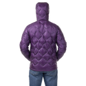 Purple quilted jacket worn by a person on a white background