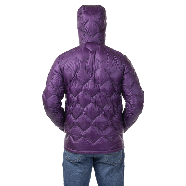 Purple quilted jacket worn by a person on a white background