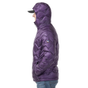 Person wearing a purple puffer jacket on a white background