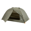 A green, dome-shaped Big Agnes Blacktail 2 - Vetiver tent is pitched with its front entrance open to reveal the interior. This lightweight backpacking tent stands on a plain white background.