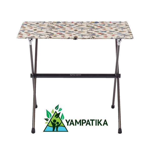 Portable folding table with a colorful top and Yampatika logo below on a white background